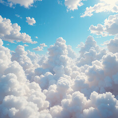 Fluffy white cumulus clouds drift across a bright blue summer sky