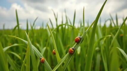 Delicate golden ladybugs on rice field leaves amidst cloudy sky, ladybug, photography, green