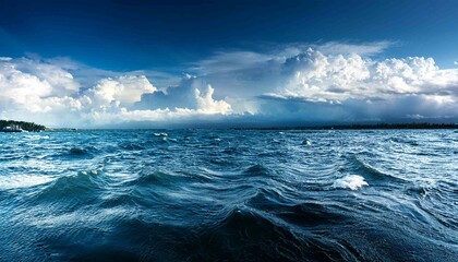 Fototapeta premium Serene Blue Ocean Waves Under Dramatic Cloudy Sky Landscape