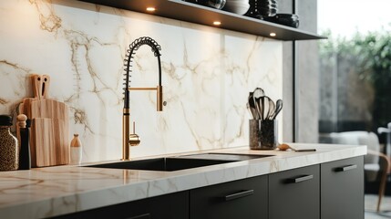 Kitchen sink area modern contemporary style decoration workplace close up pantry home interior design detail set of clean