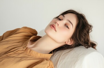 Obraz premium Beautiful woman lying on a massage table against a white background, with a beautiful face and perfect skin