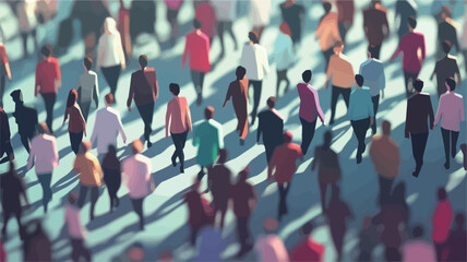 Fototapeta premium The image is a stylized illustration depicting a large crowd of people walking in various directions. The viewpoint is from above, looking down on the crowd. The figures are depicted in a
