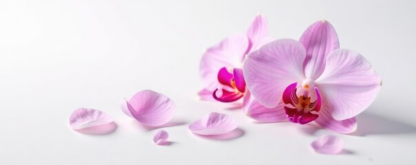 Delicate orchid petals unfolding on white background, simple, single, elegant
