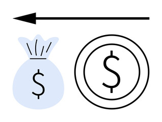 Money bag and coin with dollar signs next to horizontal arrow indicating movement. Ideal for finance, investment, banking, currency exchange, business, savings, and economics concepts. Simple flat