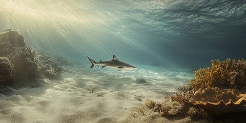 reef shark glides over sandy seabed under sunlit waters