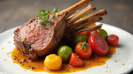 A perfectly grilled rack of lamb paired with deliciously roasted vegetables, a mouthwatering dish of savory flavors.