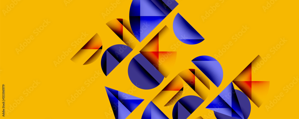 Poster Abstract geometric background with layered gradient shapes forming dynamic patterns. Overlapping semi circles and triangles create depth and contrast