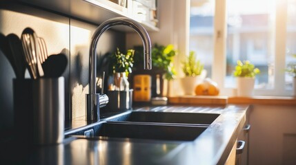 Kitchen sink area modern contemporary style decoration workplace close up pantry home interior design detail set of clean