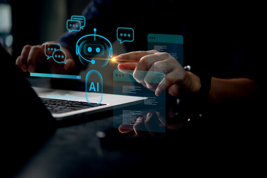 AI machine learning chatbot technology assisting users with automated virtual communication. Futuristic interface artificial intelligence enabling smart conversation and solutions customer support.