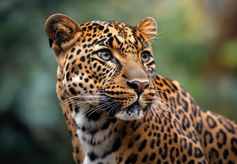Obraz premium Majestic leopard in natural habitat showcasing beautiful spotted fur, intense gaze, and serene expression while surrounded by lush green foliage