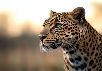 Obraz premium Majestic Leopard in Profile Showcasing Its Distinctive Spots Against a Soft Blurred Background in Golden Light of Dusk, Symbol of Wild Beauty and Power