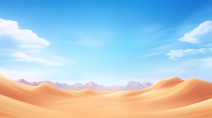 Naklejka premium A serene desert landscape featuring rolling sand dunes under a clear blue sky with fluffy clouds, evoking a sense of tranquility and vastness.
