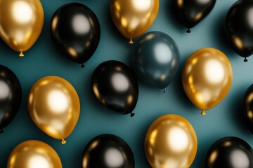High-detail close-up of helium black and gold balloons with reflective surfaces
