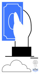 Hand raising a blue banknote surrounded by cloud, brain, and data flow graphics. Ideal for finance, innovation, technology, investment, cloud services digital economy creativity. Dynamic flat