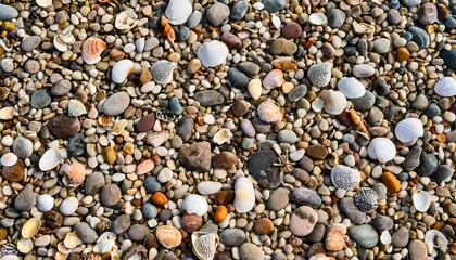 Colorful pebbles, sea stones and seashells on the beach bakcground texture, top view pattern