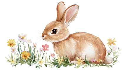 Fototapeta premium rabbit on grass with colorful flowers isolated on white background
