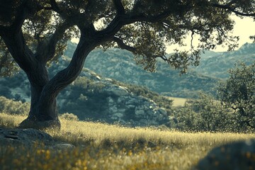 Fototapeta premium Majestic Oak Tree in a Golden Meadow Landscape