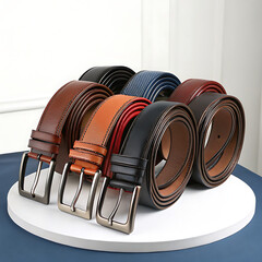  A collection of stylish leather belts in varying widths arranged in a spiral display 