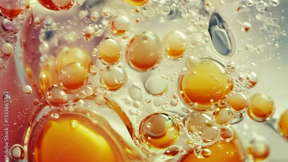 Poster a close up of a liquid with many bubbles. the bubbles are orange and the liquid is clear