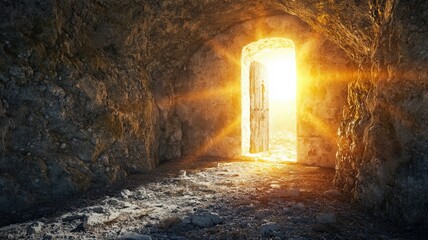 Fototapeta premium A minimalist design of an empty tomb with rays of light streaming in from an open stone door, symbolizing the resurrection of Jesus and the promise of new life