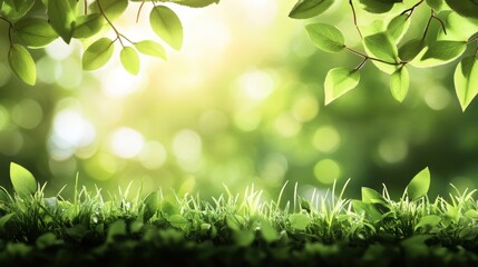 Obraz premium A vibrant tapestry of green grass, its blades swaying in the gentle spring breeze, is framed by the soft, blurred bokeh of lush foliage, evoking a sense of freshness and tranquility.