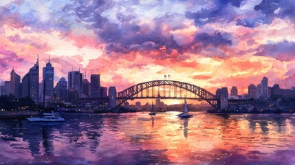 Fototapeta premium As sunset falls over Sydney, vibrant colors fill the sky, reflecting on the water. Sailboats glide beneath the iconic bridge, and the city skyline glows in warm hues