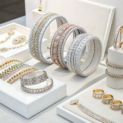 A display of shimmering bracelets and bangles arranged in circular patterns on a jewelry counter 