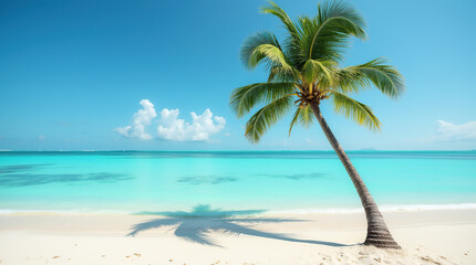 Obraz premium A palm tree on a sunlit tropical beach, surrounded by crystal-clear turquoise waters.