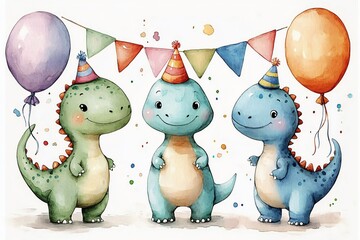 A whimsical watercolor illustration of three smiling dinosaurs with balloons, perfect for children's birthday invitations, decorations, and greeting cards.