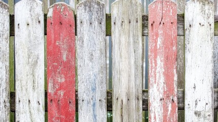 Weathered wooden fence, paint chipped, outdoors