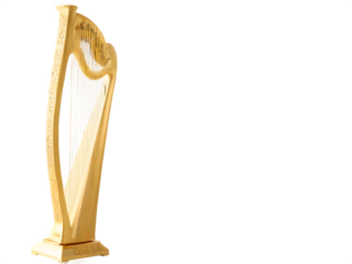A finely detailed golden Irish harp with Celtic carvings, elegantly positioned on a white background.
