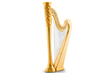 A finely detailed golden Irish harp with Celtic carvings, elegantly positioned on a white background.
