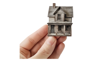 Hand holding miniature house Isolated on transparent background