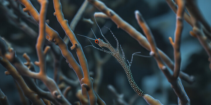small delicate pipefish hidden among coral