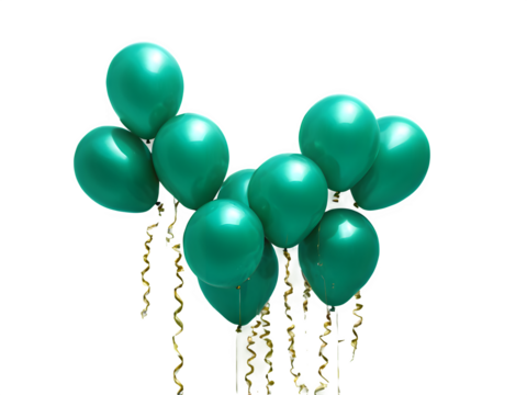 A cluster of glossy green balloons tied with golden ribbons, floating against a clean white backdrop.
