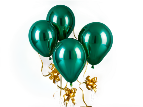 A cluster of glossy green balloons tied with golden ribbons, floating against a clean white backdrop.

