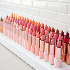 A variety of matte and glossy lipsticks arranged in neat rows with a backdrop of pastel shades