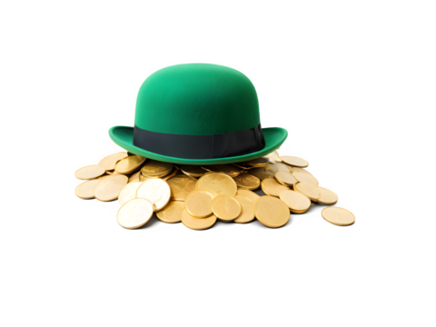 A classic green bowler hat placed next to a scattered pile of golden coins, isolated on a white background.
