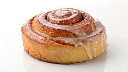 Fototapeta premium delicious cinnamon roll with glossy icing on white background, showcasing its soft texture and sweet glaze, perfect for dessert lovers