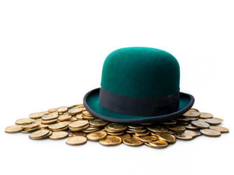 A classic green bowler hat placed next to a scattered pile of golden coins, isolated on a white background.
