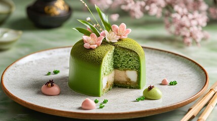 Japanese twist on Simnel cake, featuring matcha-infused marzipan, sakura flower garnishes, and a delicate white bean paste filling, plated on a bamboo-textured background