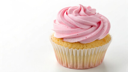 Fluffy cupcake with pink frosting on white background, perfect for celebrations and sweet treats. This delightful dessert is sure to bring joy to any occasion