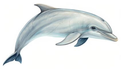 Fototapeta premium gentle dolphin floating gracefully on white background, showcasing its sleek body and friendly expression. This captures beauty and charm of marine life