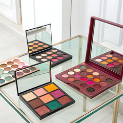 An assortment of makeup palettes with bold, vibrant eyeshadow colors spread across a glass counter 