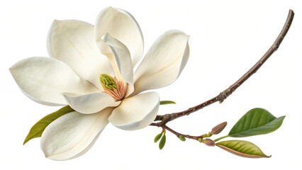 single magnolia blossom on white background, showcasing its delicate petals and vibrant green leaves, evokes sense of tranquility and beauty