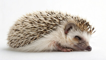 Obraz premium small hedgehog curled up on white background, showcasing its unique spines and adorable features. This peaceful creature evokes sense of calm and warmth