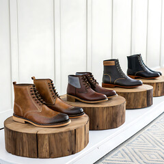 An assortment of stylish leather boots lined up on rustic wooden platforms