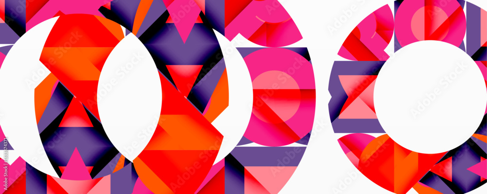 Poster Circles, semi circles, squares and round triangles. Geometric mosaic style pattern abstract background for wallpaper, banner, backdrop, card, book Illustration, landing page