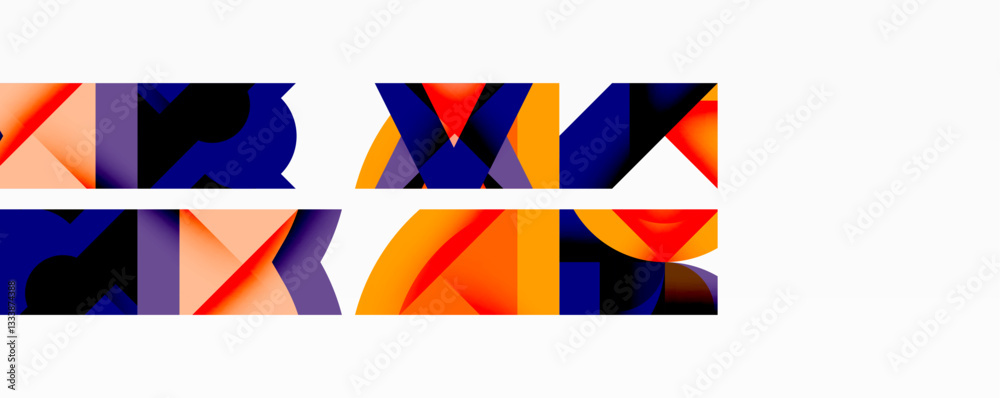 Poster Abstract geometric composition with interlocking circular and angular shapes, featuring smooth gradients and sharp contrasts on a white background