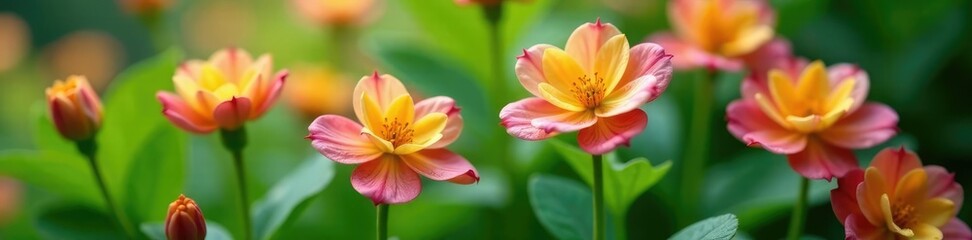 Fototapeta premium Water droplets cling to leaves and petals of blooming flowers in the garden, fresh, leaves, clean